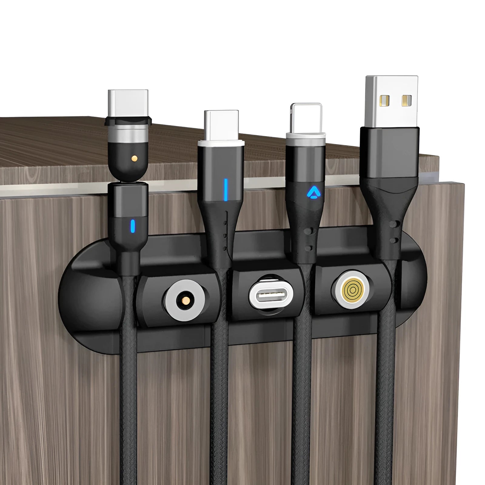 Black soft plastic desktop charging base stand with magnetic data cable organiser