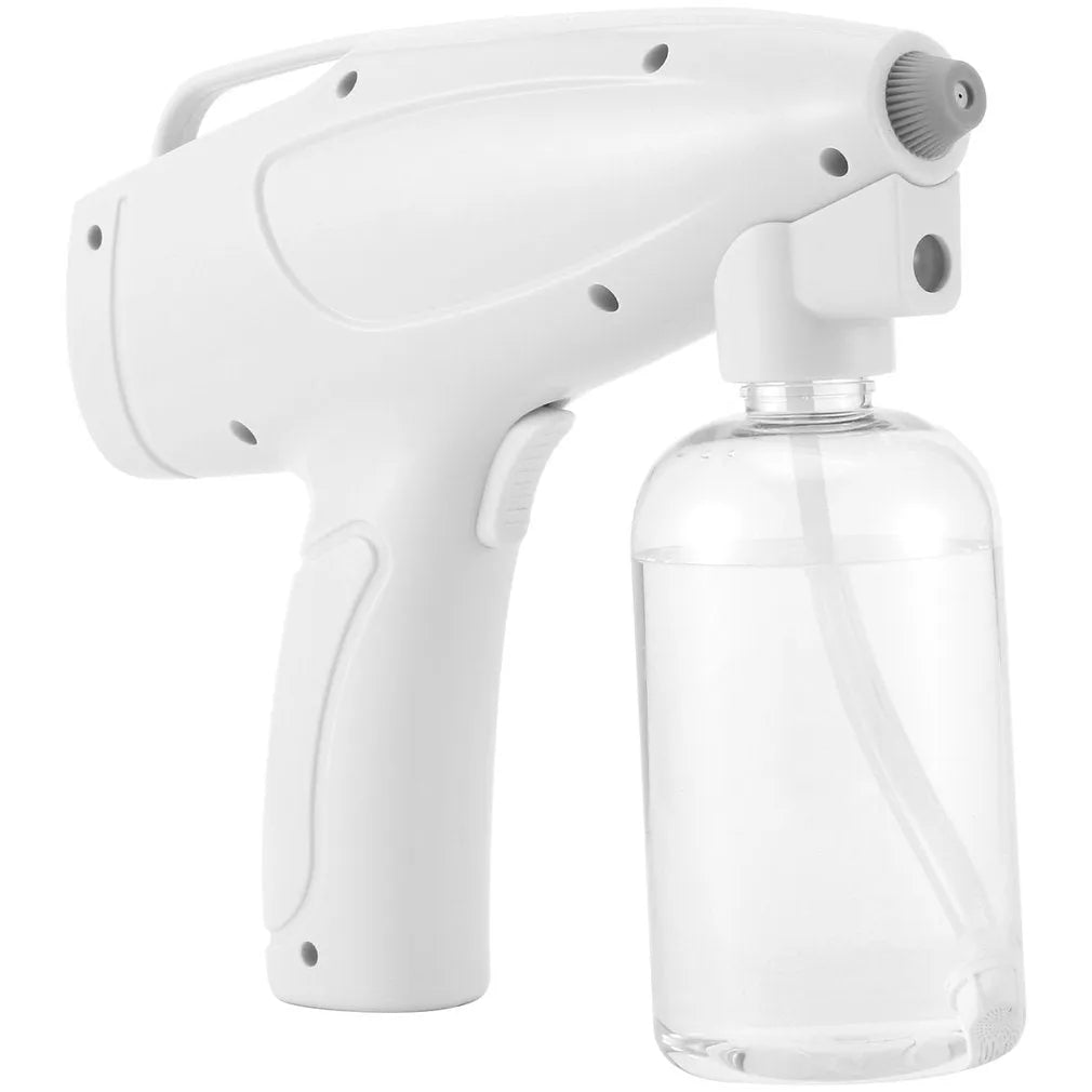 White handheld cordless electric disinfection sprayer with spray bottle.