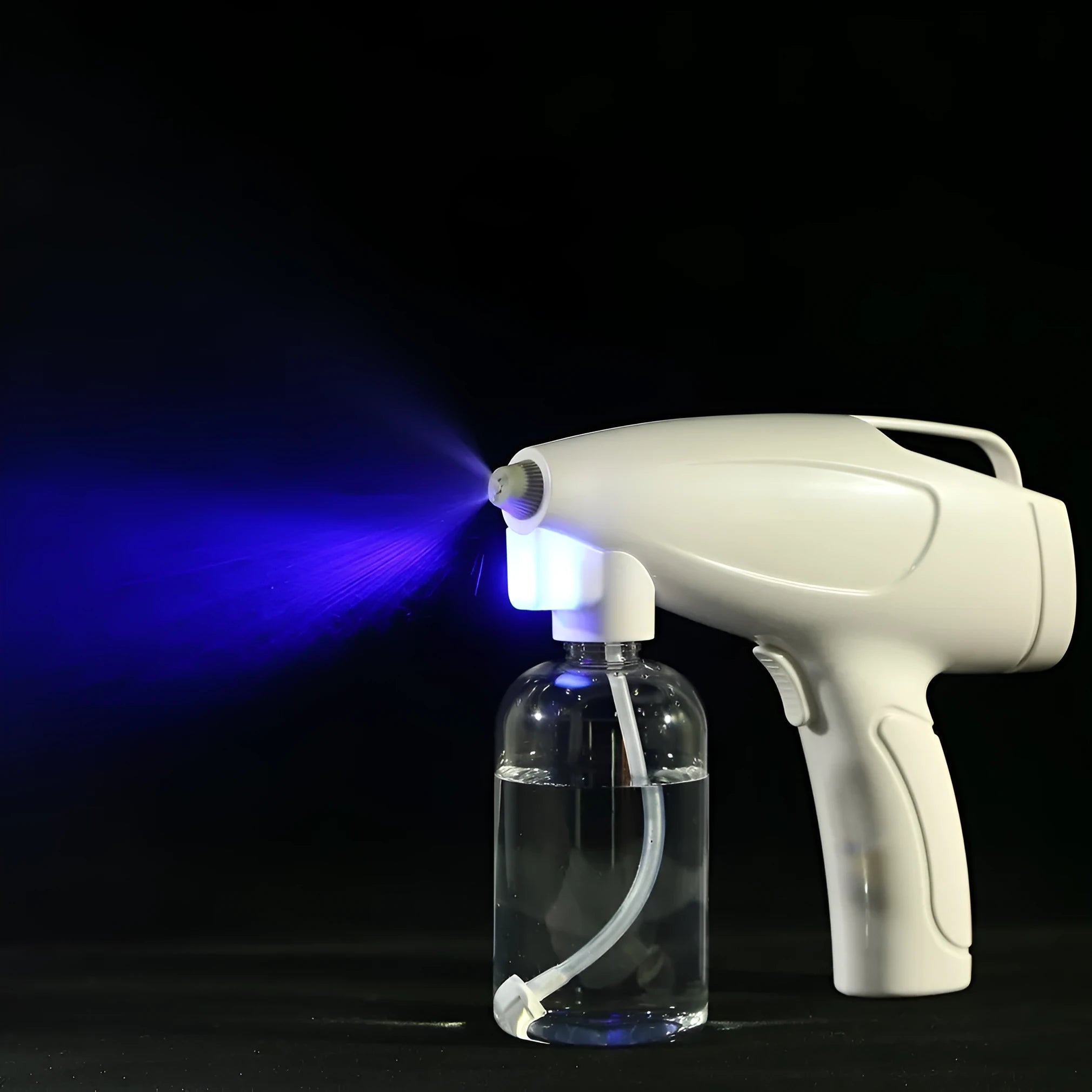 White handheld cordless electric disinfection sprayer with spray bottle.