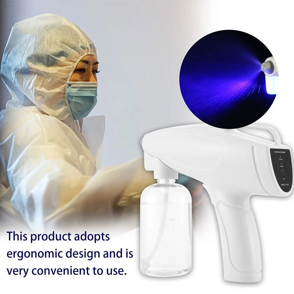White handheld cordless electric disinfection sprayer with spray bottle.