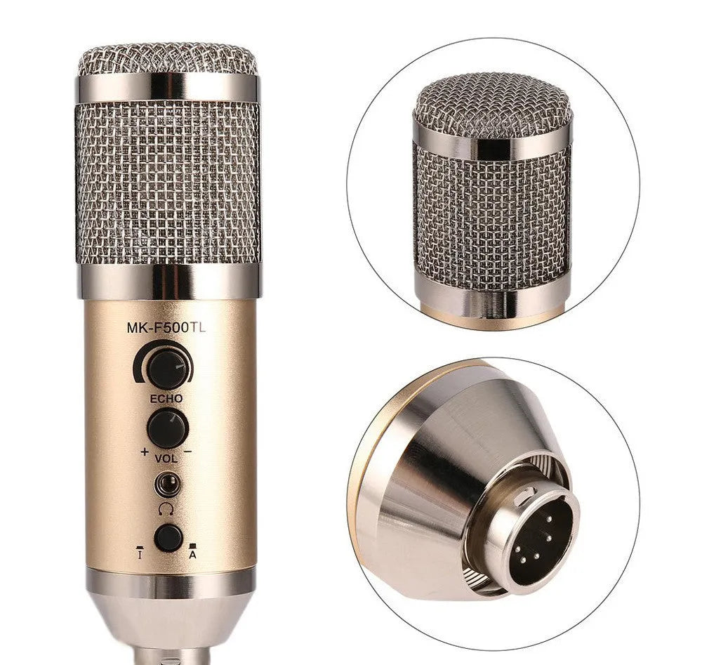 Gold condenser microphone on a stand with USB cable for mobile phone and computer use.
