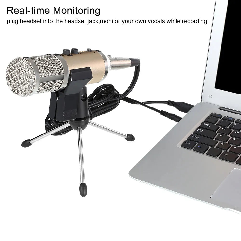 Gold condenser microphone on a stand with USB cable for mobile phone and computer use.