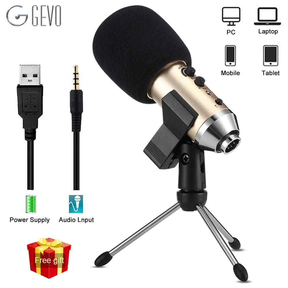 Gold condenser microphone on a stand with USB cable for mobile phone and computer use.