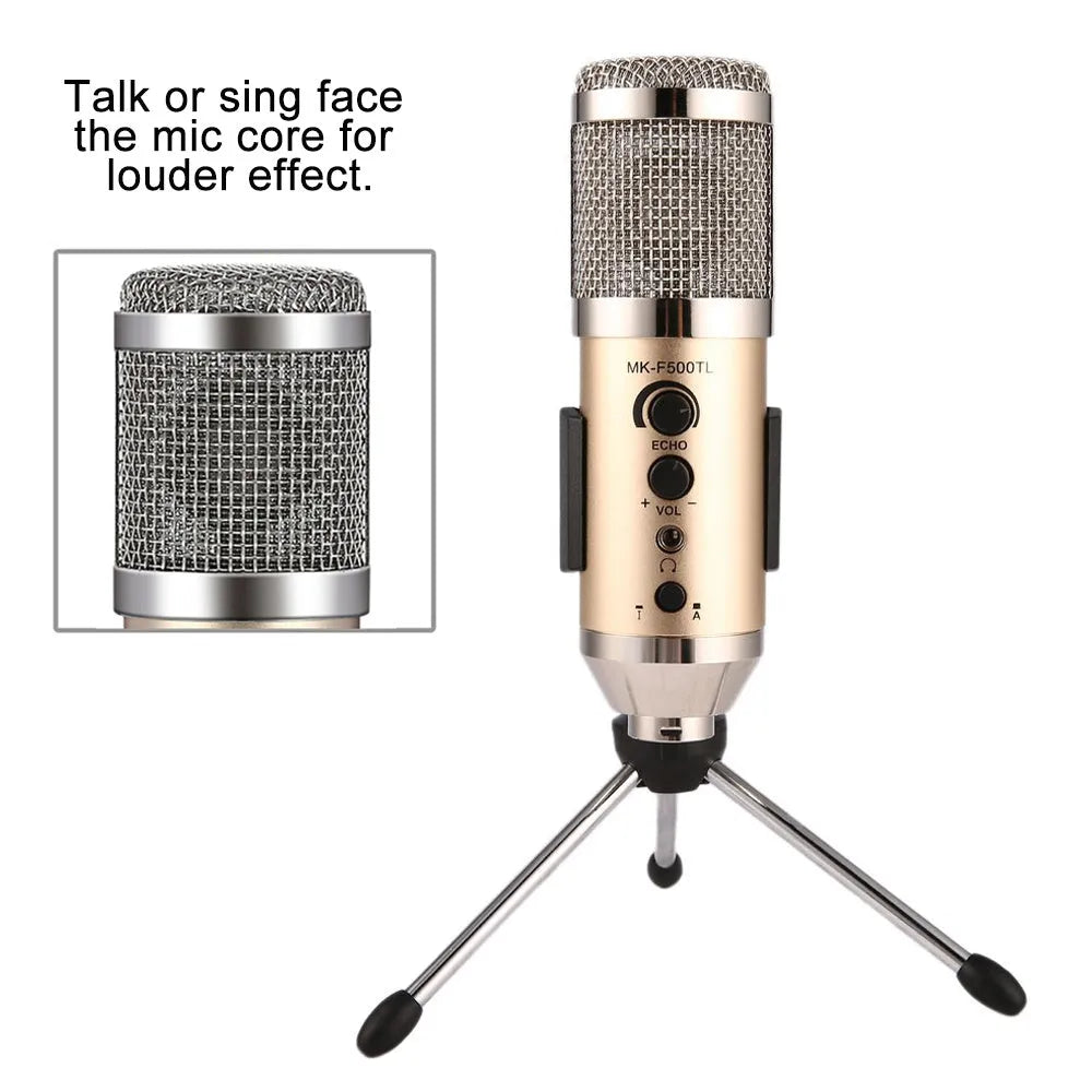 Gold condenser microphone on a stand with USB cable for mobile phone and computer use.