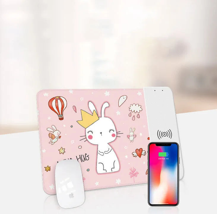 Wireless charging mouse pad with cartoon design and RGB lighting around edges