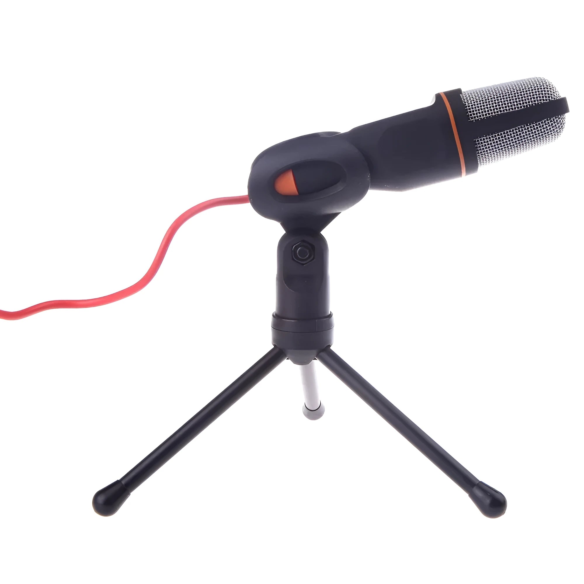 Black wired PC microphone with adjustable holder clip and mounting bracket on a desk
