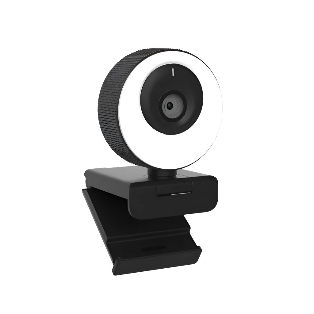 Black USB webcam for computer with built-in microphone and magnetic privacy cover on lens.