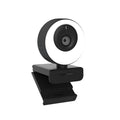 Black USB webcam for computer with built-in microphone and magnetic privacy cover on lens.