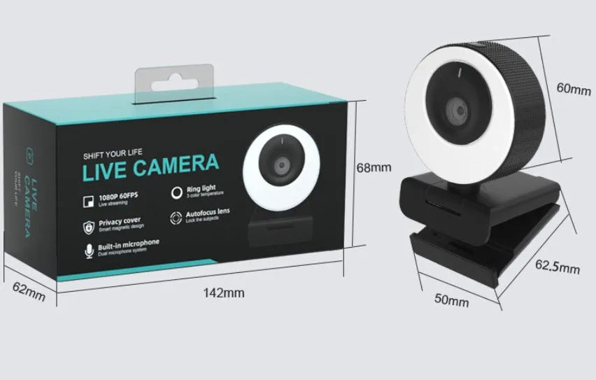 Black USB webcam for computer with built-in microphone and magnetic privacy cover on lens.