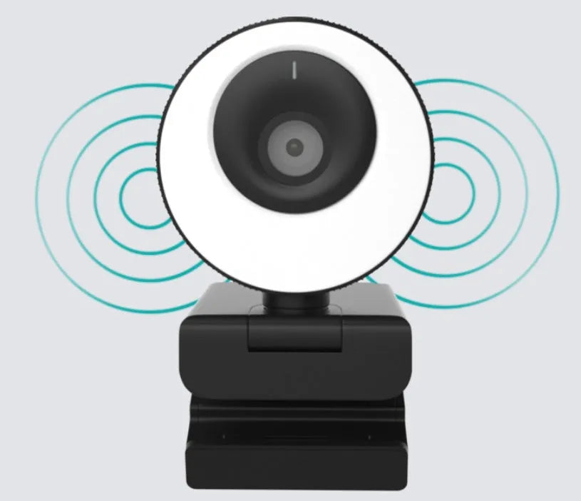Black USB webcam for computer with built-in microphone and magnetic privacy cover on lens.