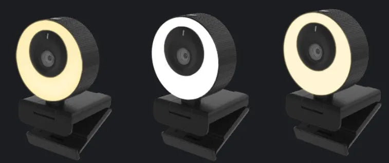 Black USB webcam for computer with built-in microphone and magnetic privacy cover on lens.