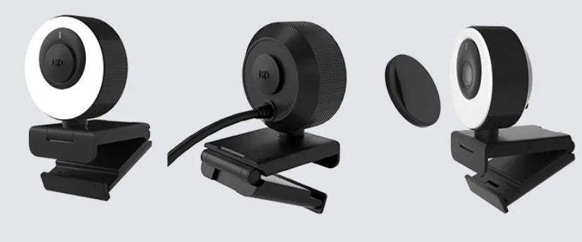 Black USB webcam for computer with built-in microphone and magnetic privacy cover on lens.