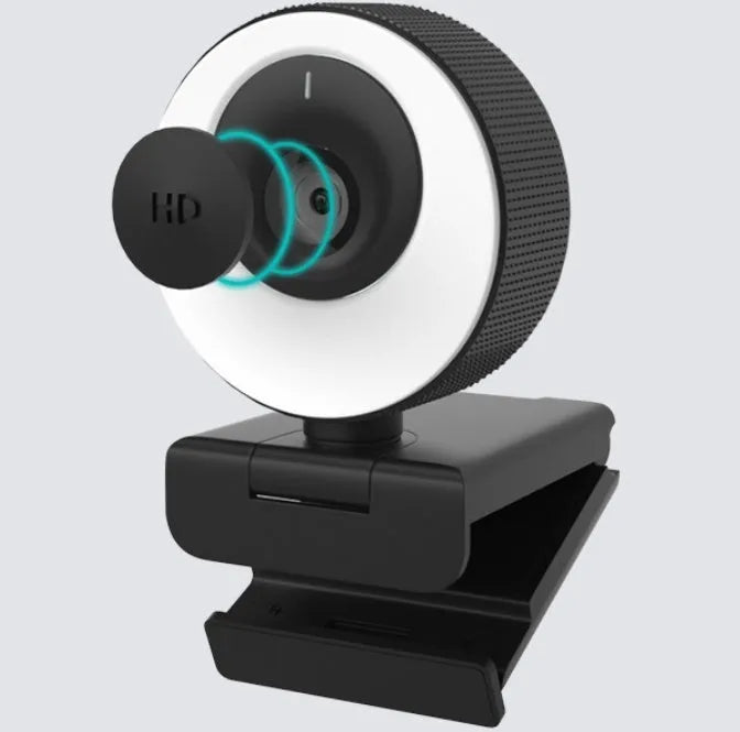 Black USB webcam for computer with built-in microphone and magnetic privacy cover on lens.