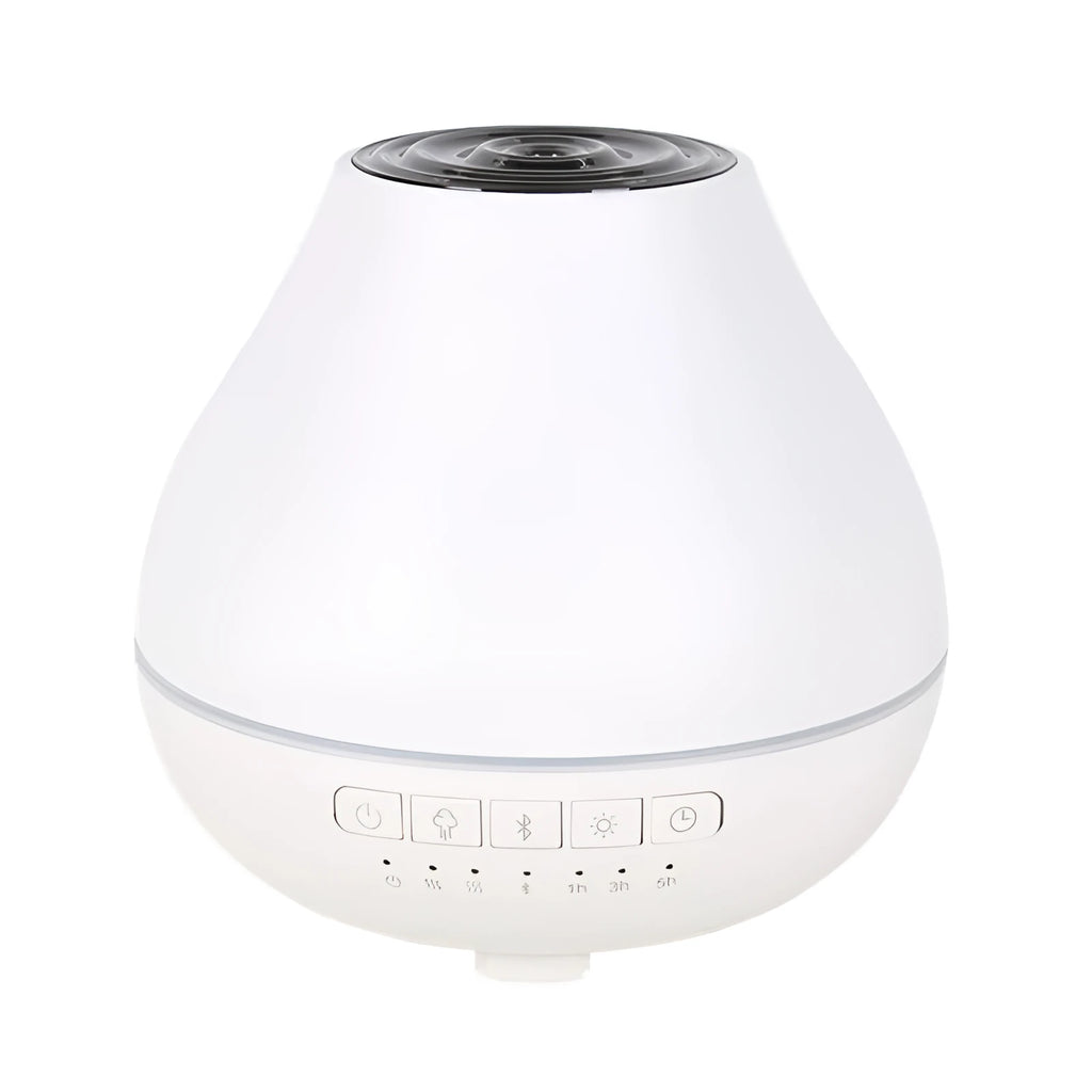 White round Bluetooth humidifier and aroma diffuser with LED night light on wooden surface