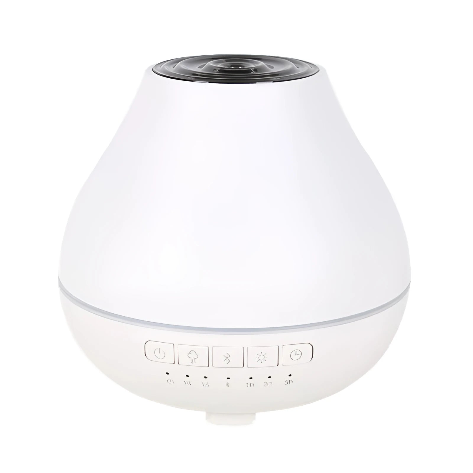 White round Bluetooth humidifier and aroma diffuser with LED night light on wooden surface