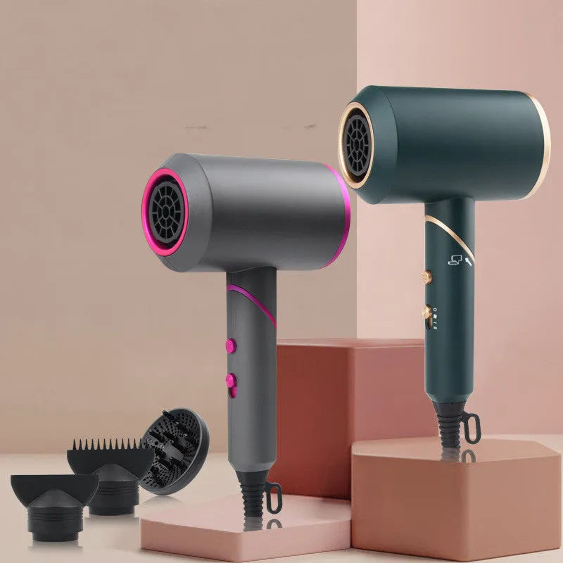 Electric hair dryer with negative ion technology, foldable handle, grey red edge colour, set wind nozzle attached
