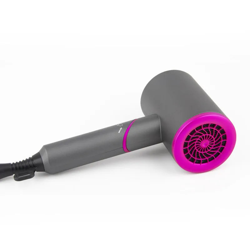 Electric hair dryer with negative ion technology, foldable handle, grey red edge colour, set wind nozzle attached
