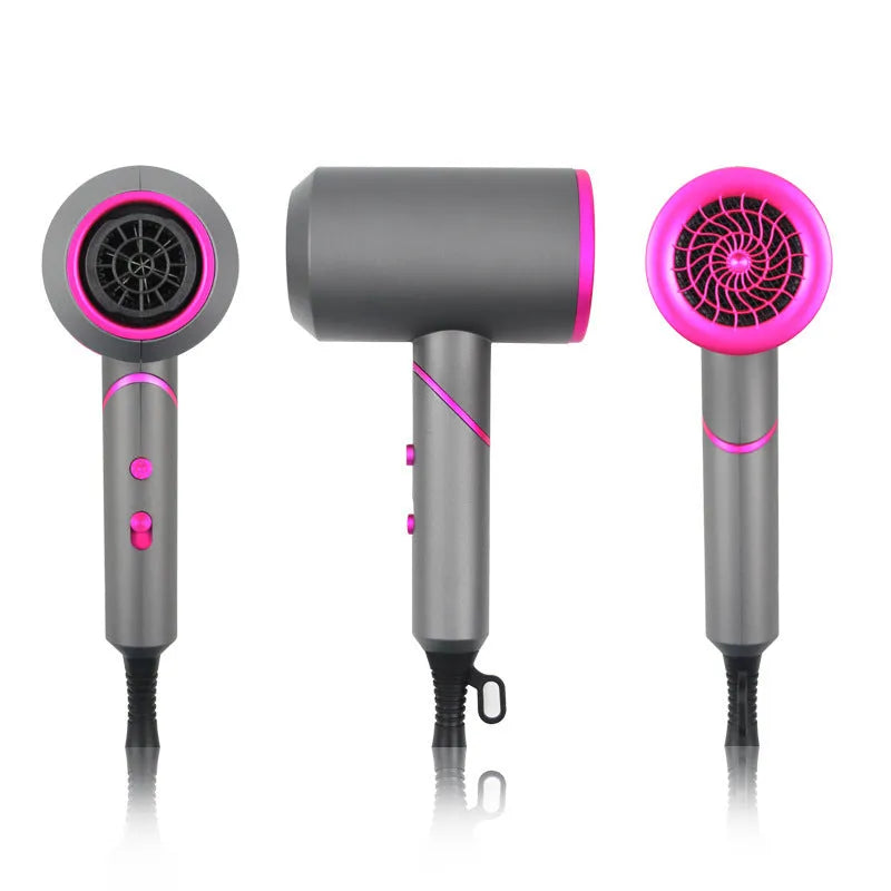 Electric hair dryer with negative ion technology, foldable handle, grey red edge colour, set wind nozzle attached