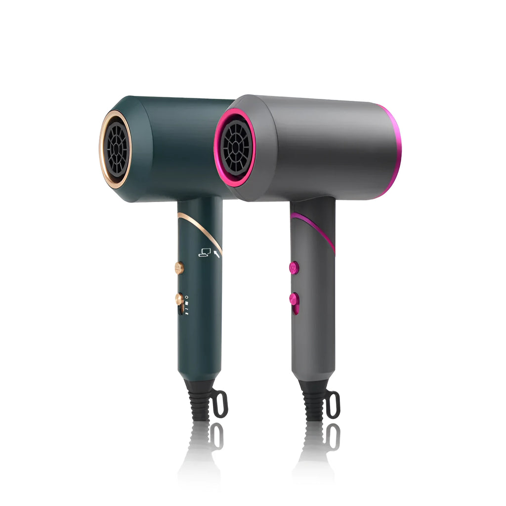 Electric hair dryer with negative ion technology, foldable handle, grey red edge colour, set wind nozzle attached