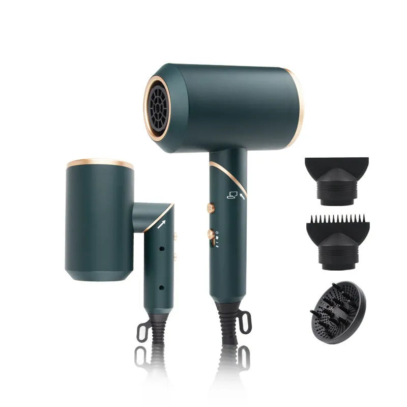 Electric hair dryer with negative ion technology, foldable handle, grey red edge colour, set wind nozzle attached
