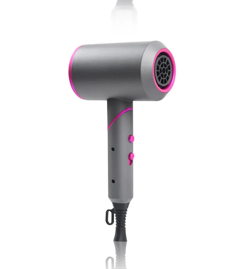 Electric hair dryer with negative ion technology, foldable handle, grey red edge colour, set wind nozzle attached