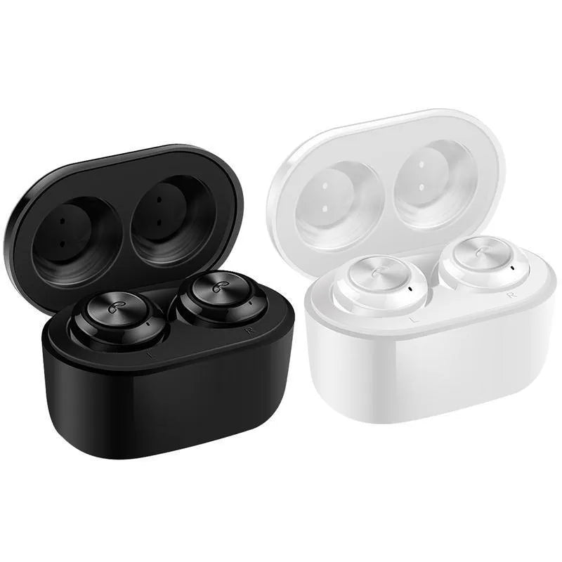 Black and white A6 true wireless noise cancelling Bluetooth headset with earplug design