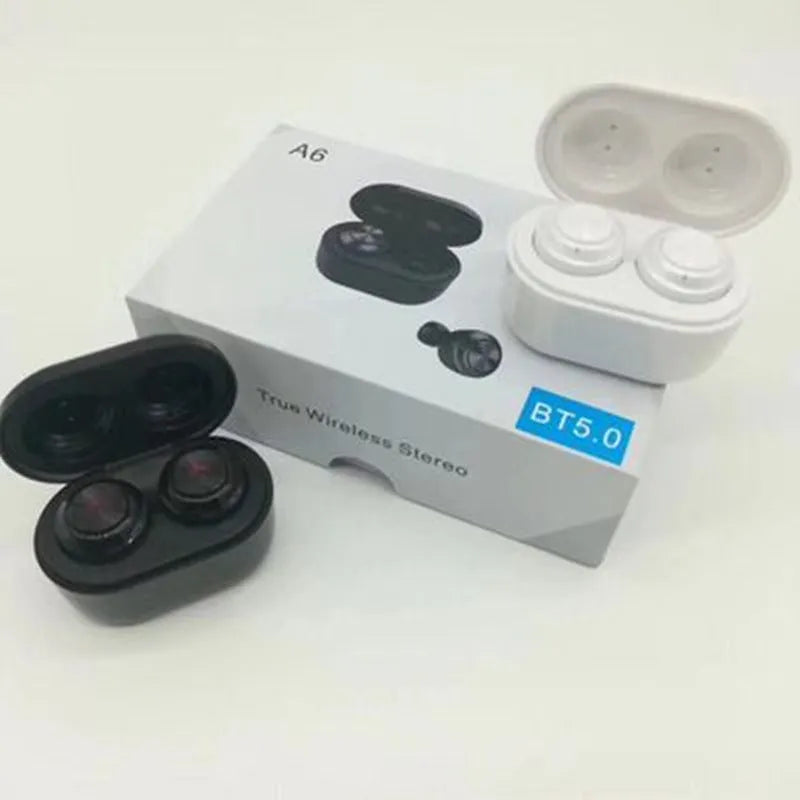 Black and white A6 true wireless noise cancelling Bluetooth headset with earplug design