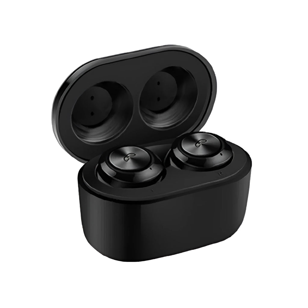 Black and white A6 true wireless noise cancelling Bluetooth headset with earplug design