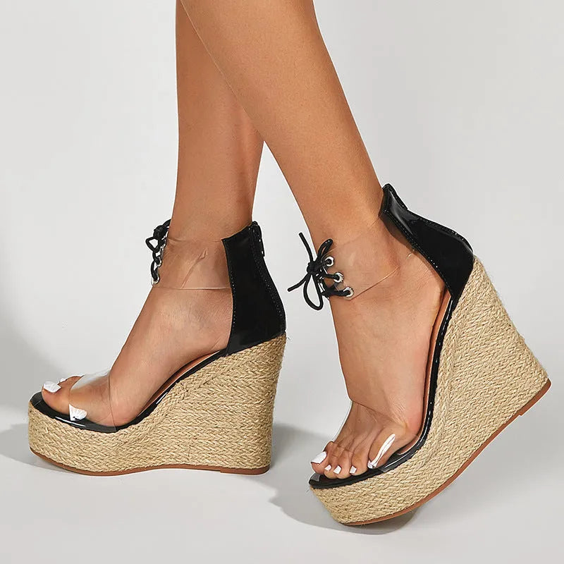 Black women's wedge sandals with hemp rope tie on a super high 8cm platform heel.