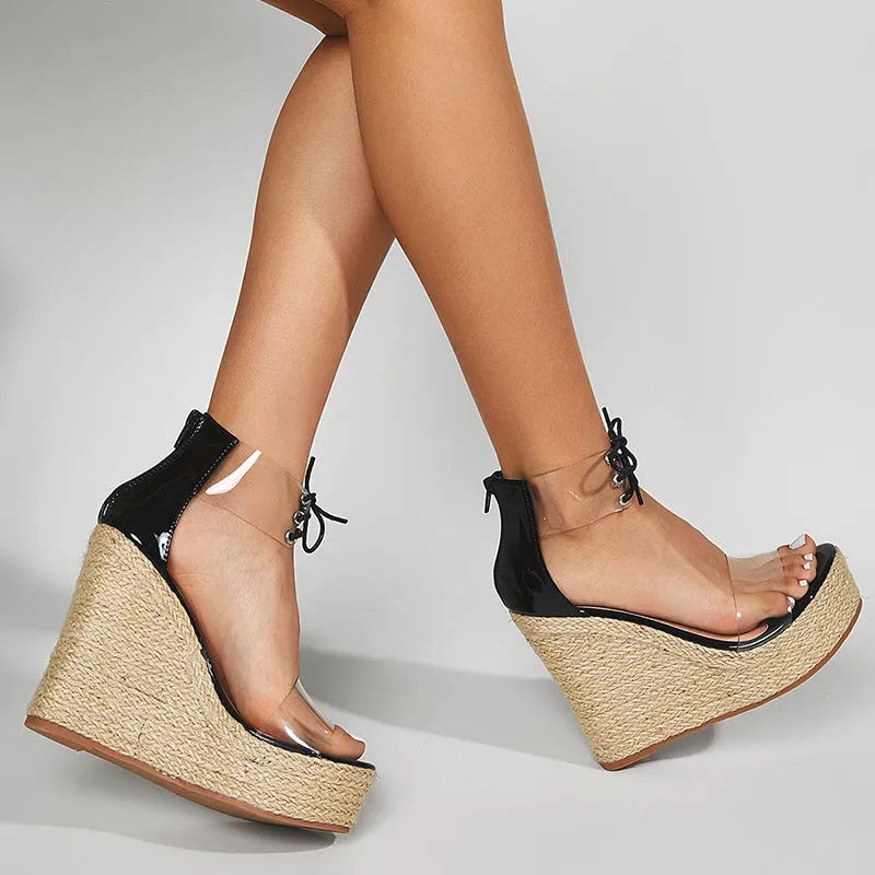 Black women's wedge sandals with hemp rope tie on a super high 8cm platform heel.