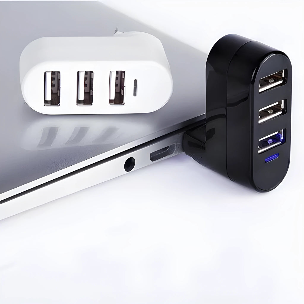 USB 2.0 hub splitter with spinning colour design in black and white colour options showing multiple connection ports