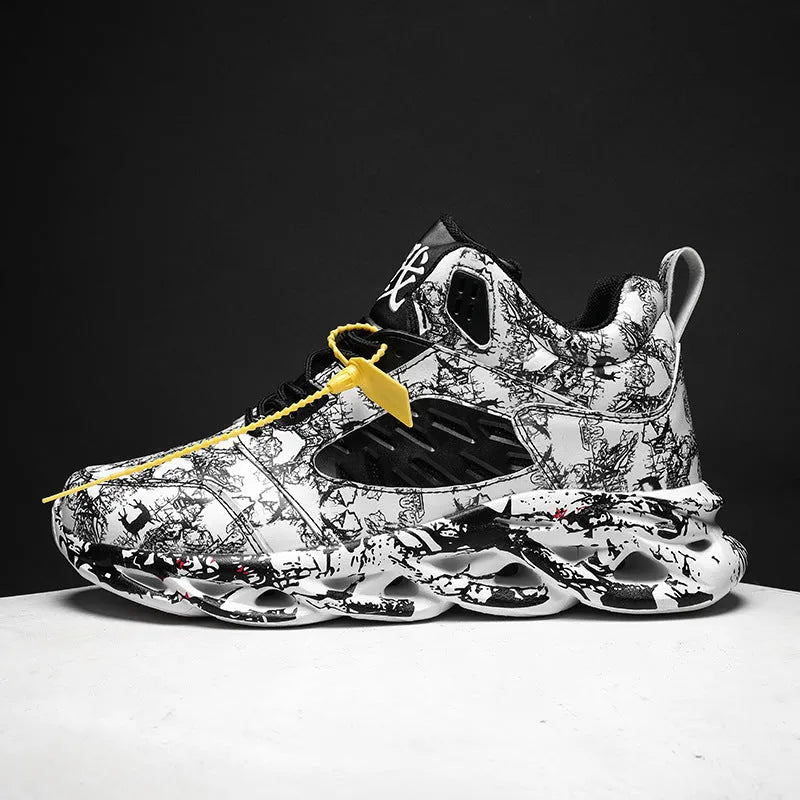 Men's high-top camouflage basketball shoes with microfiber upper and rubber sole on a size scale