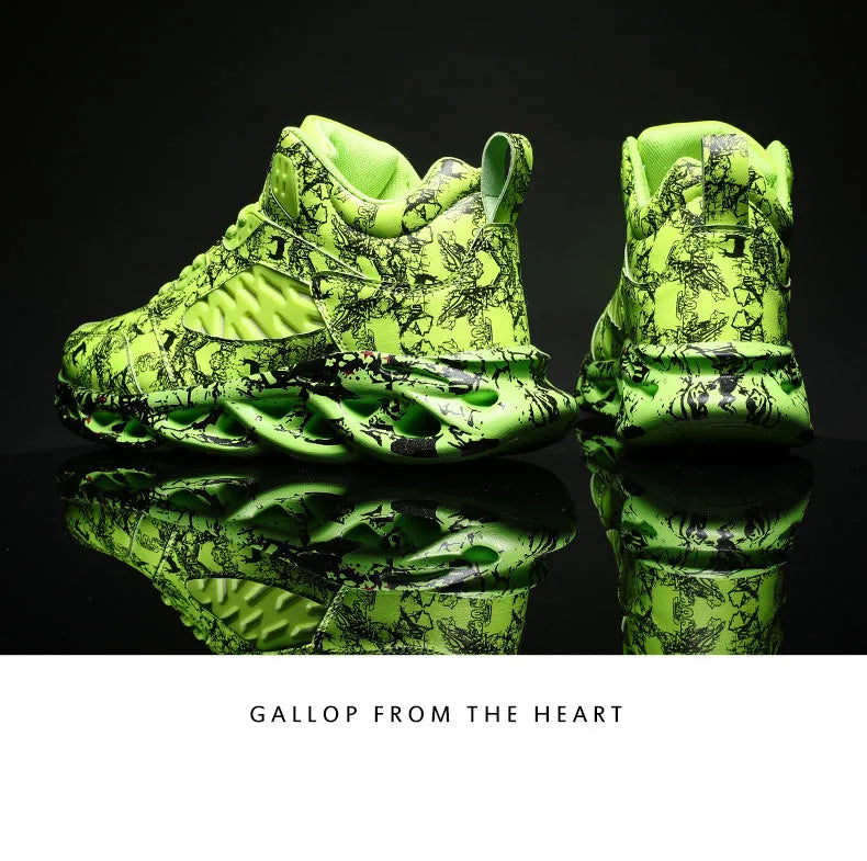 Men's high-top camouflage basketball shoes with microfiber upper and rubber sole on a size scale