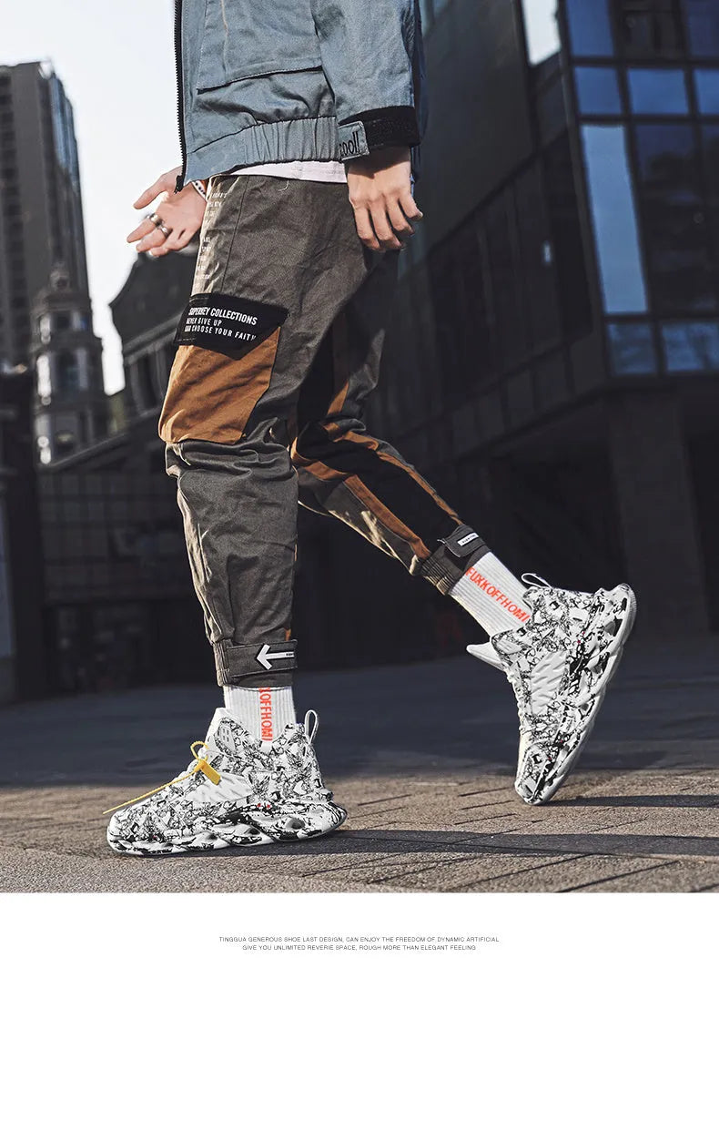 Men's high-top camouflage basketball shoes with microfiber upper and rubber sole on a size scale