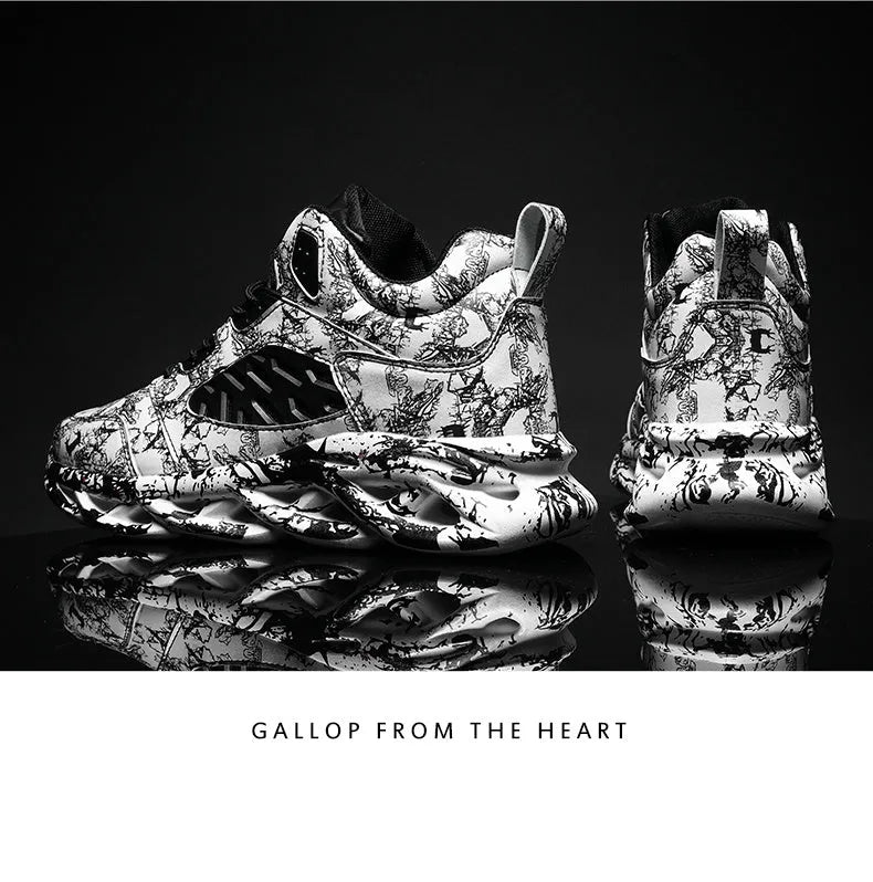 Men's high-top camouflage basketball shoes with microfiber upper and rubber sole on a size scale