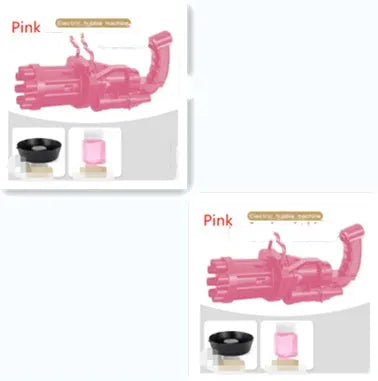 Kids plastic bubble machine gun toy in pink colour with battery compartment and bubble solution sink