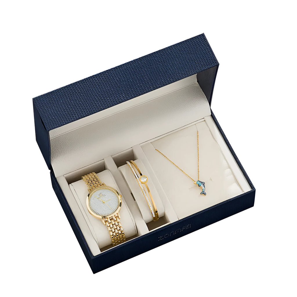 Gold women's watch set with earrings ring necklace bracelet on white background