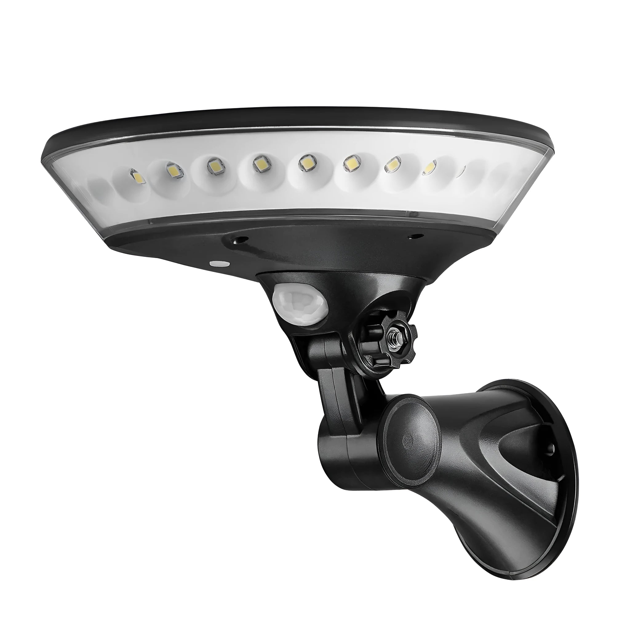White solar-powered security light with 360-degree LED illumination and a motion sensor on a black base.