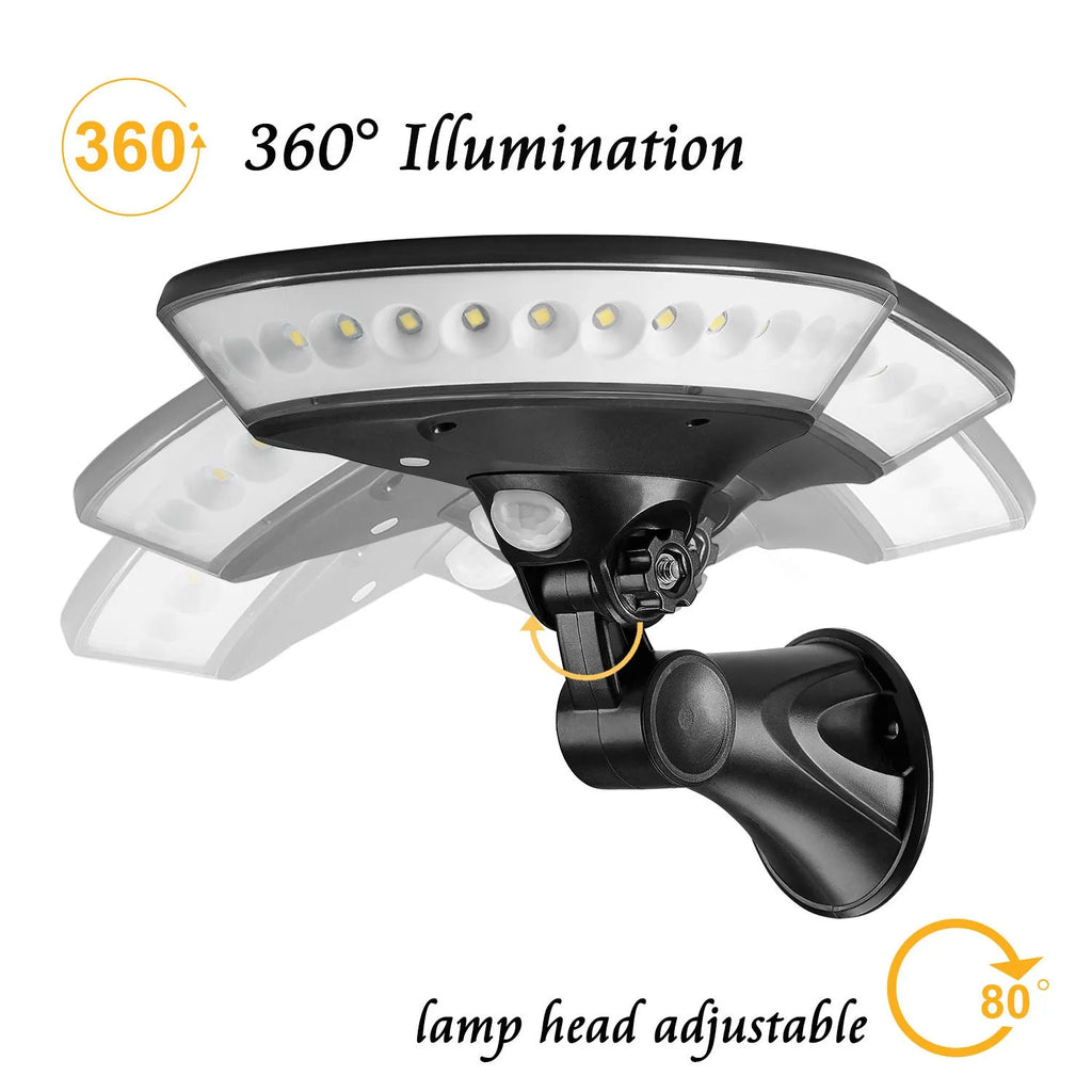 White solar-powered security light with 360-degree LED illumination and a motion sensor on a black base.