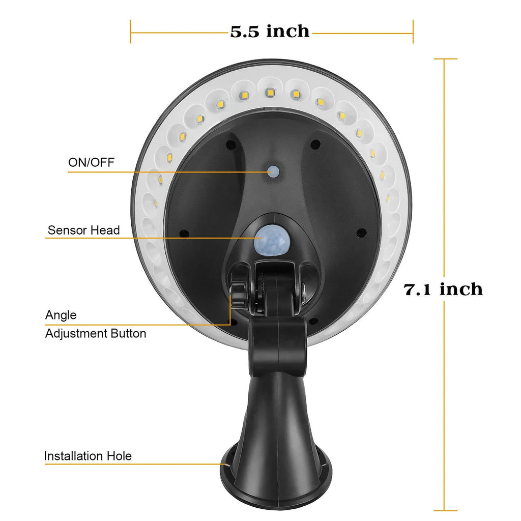 White solar-powered security light with 360-degree LED illumination and a motion sensor on a black base.