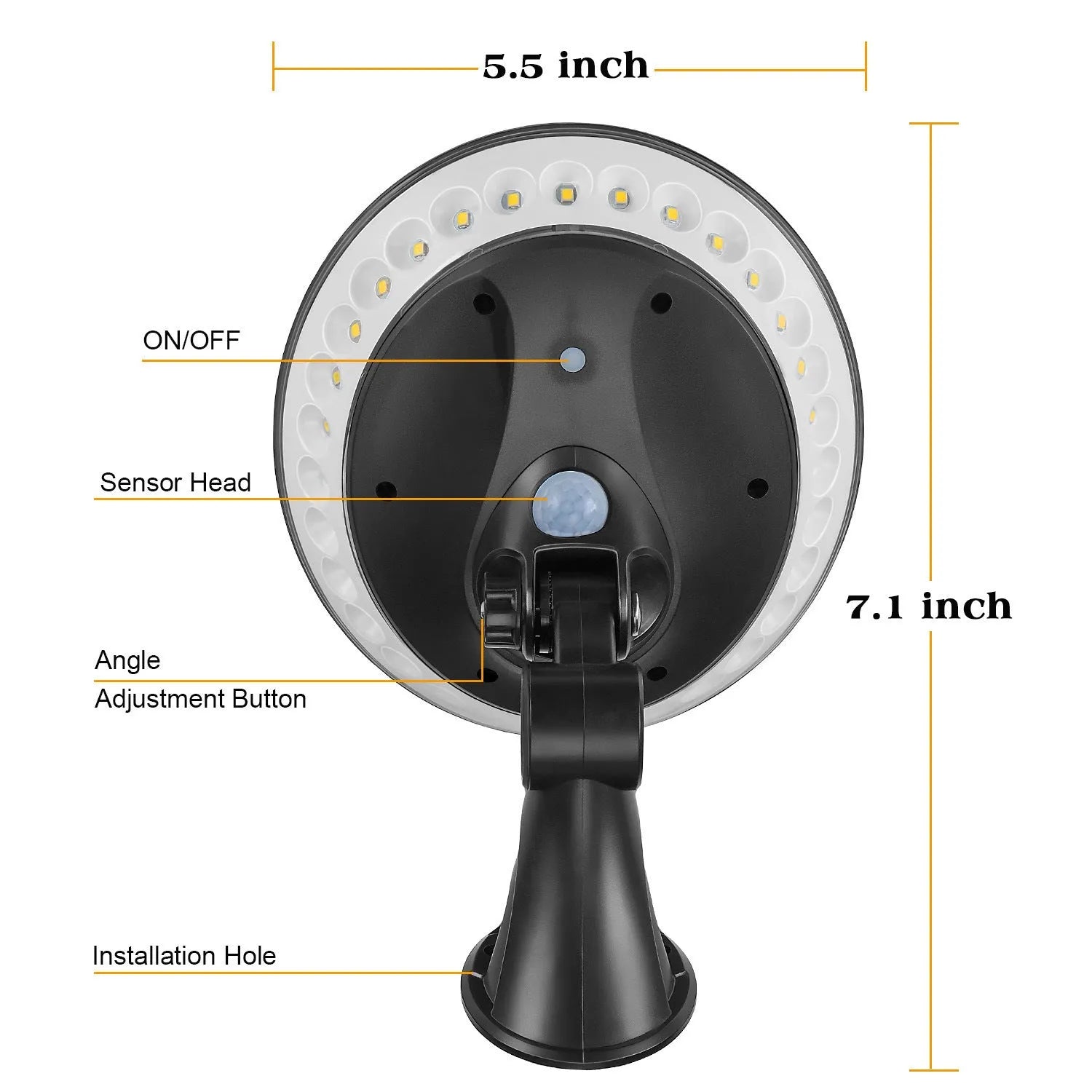 White solar-powered security light with 360-degree LED illumination and a motion sensor on a black base.