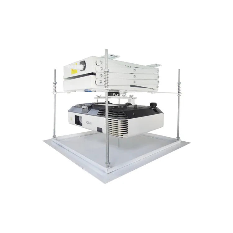Electric ceiling lifting hanger for a projector with wireless remote control on a white background.