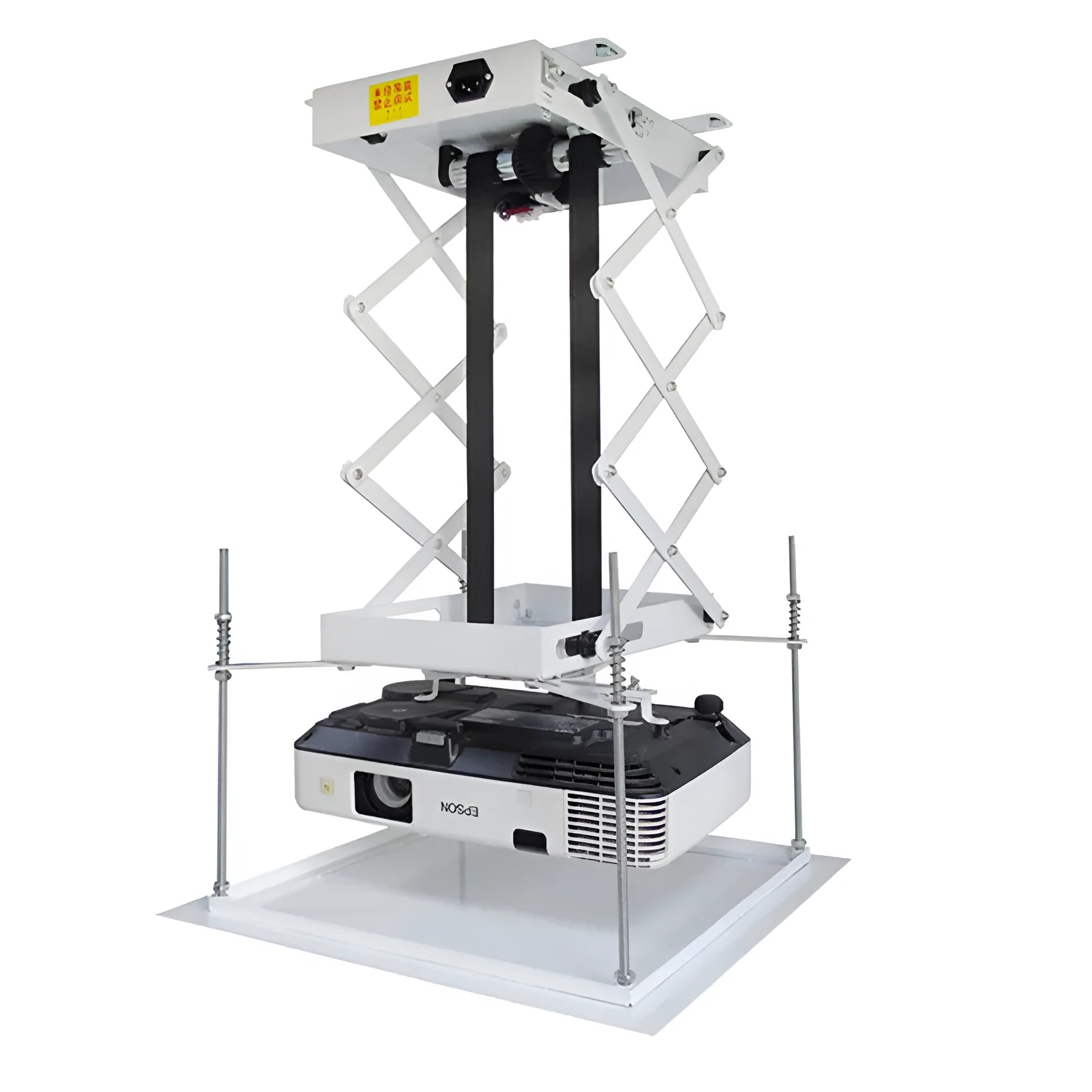 Electric ceiling lifting hanger for a projector with wireless remote control on a white background.