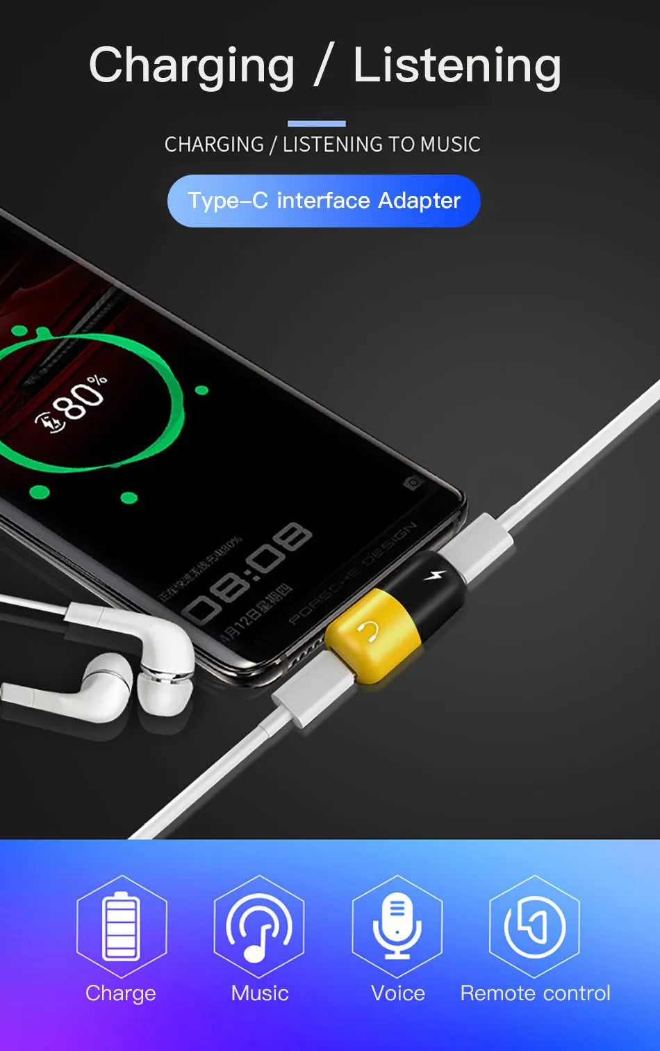 Blue Huawei Honor smartphone charging audio adapter with USB-C and 3.5mm ports