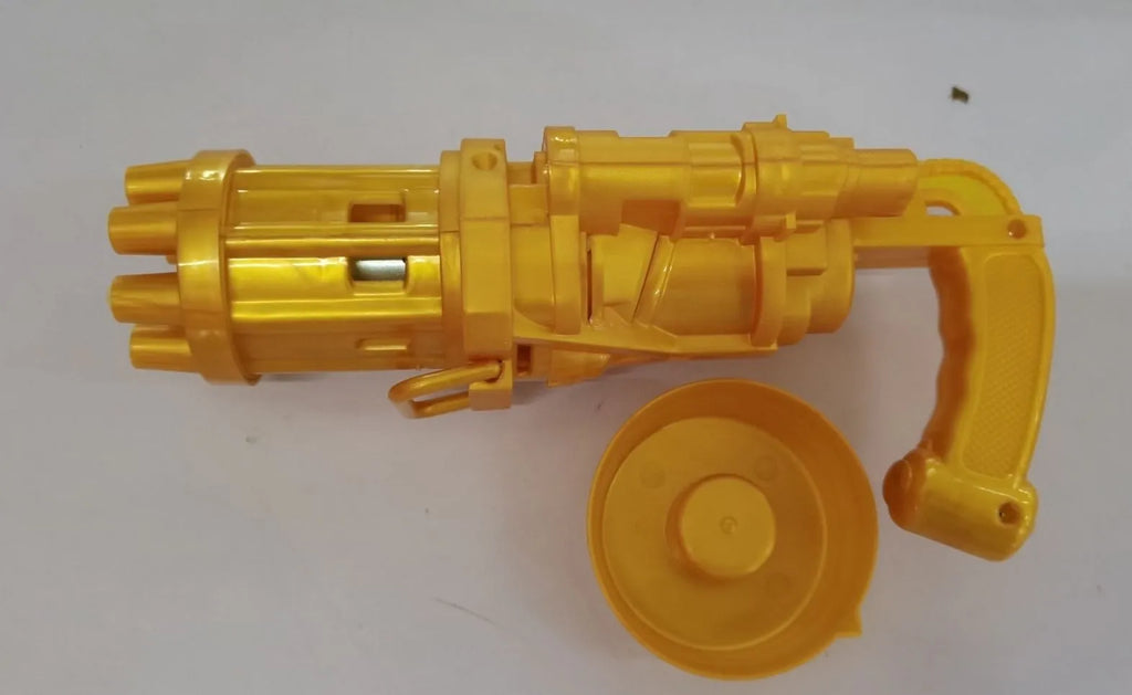 Kids plastic bubble machine gun toy in pink colour with battery compartment and bubble solution sink