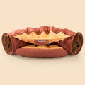 Collapsible cloth cat tunnel toy shown in one of four colours: bar, coffee, matcha, or pink