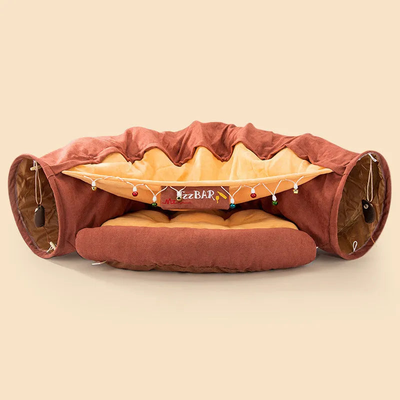 Collapsible cloth cat tunnel toy shown in one of four colours: bar, coffee, matcha, or pink