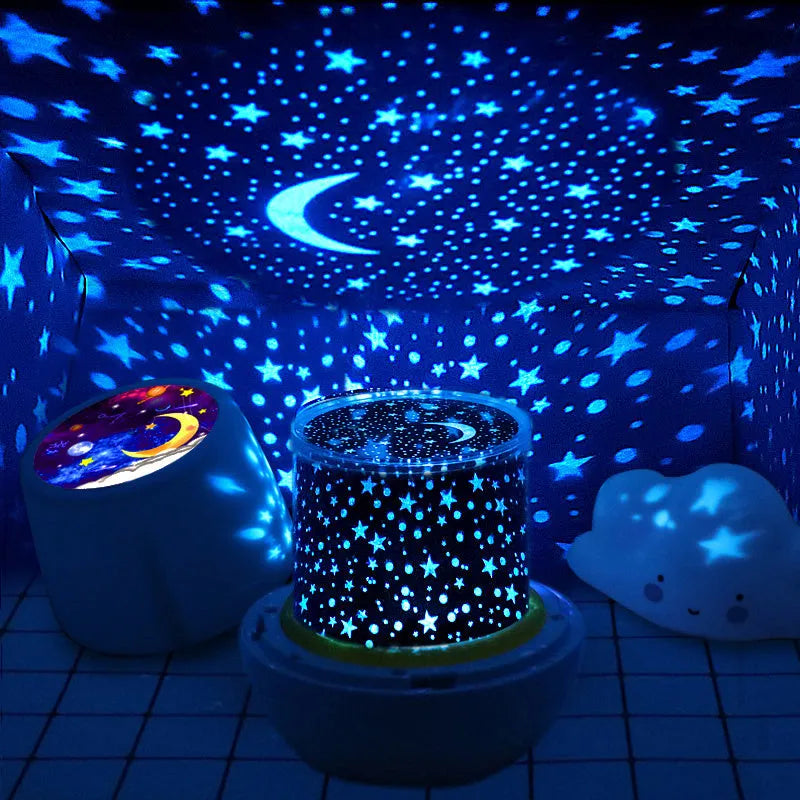 Pruixin PRX1363 rotating LED projector night light displaying star and love patterns on a wall.
