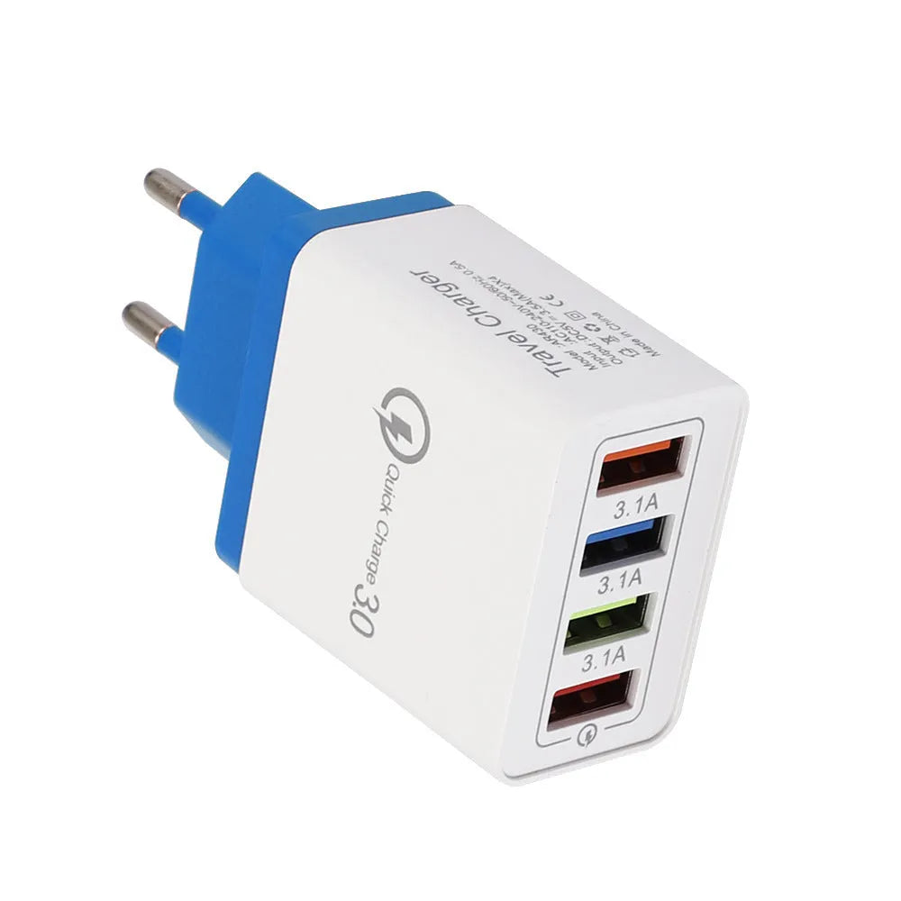 Luminous 4 port USB mobile phone charger with indicator lights in multiple colour options