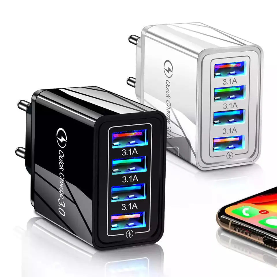 Luminous 4 port USB mobile phone charger with indicator lights in multiple colour options